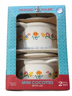 Nordic Ware White Mini Cocottes with Floral Motif bakeware ceramic 2 pc set